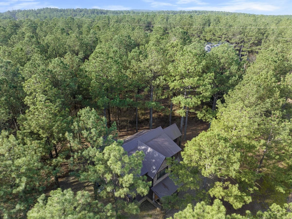 Aerial view of Livin' the Dream, a cabin roof surrounded by a dense pine forest